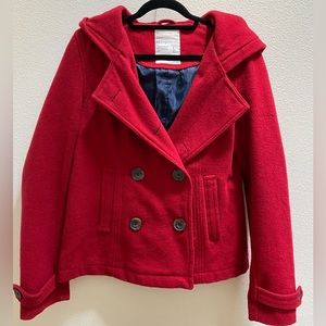 Hooded, lined Peacoat festive cherry red coat